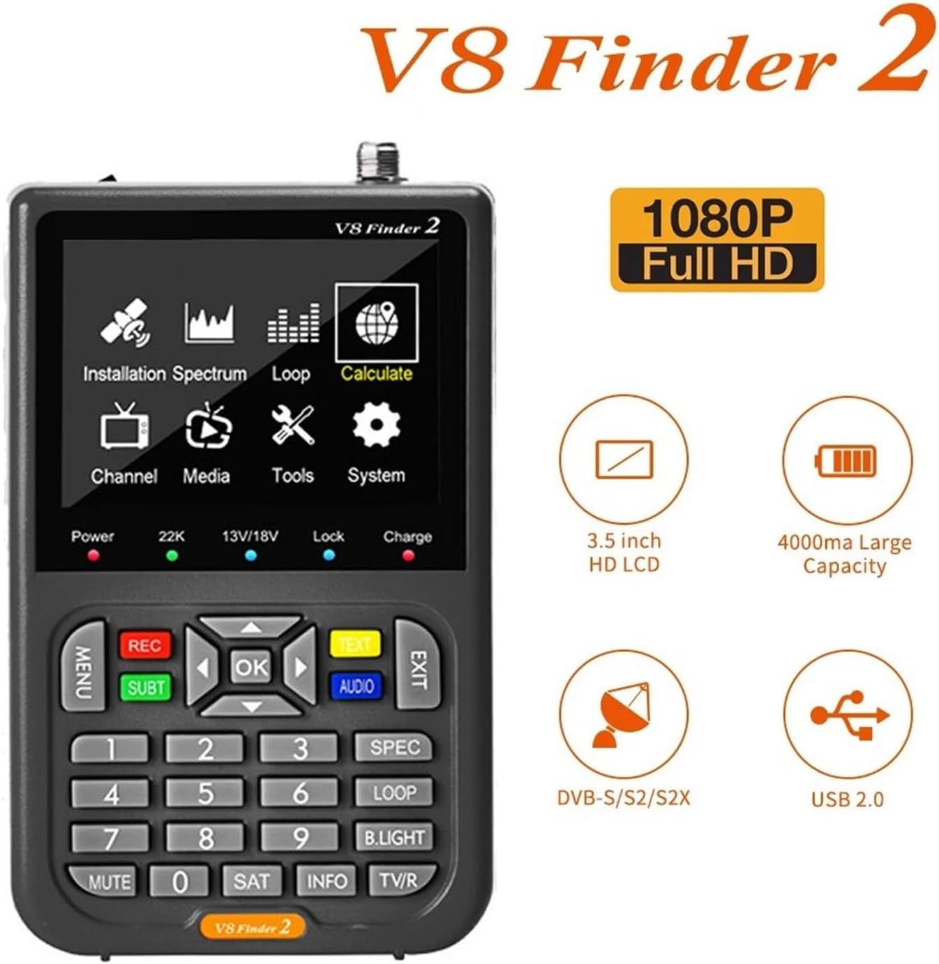 V8 Finder2 Satellite Signal Detector FTA DVB-S/S2/S2X Digital Signal Receiver LCD HD Screen for Adjusting Satellite TV for Dish Network Directv(FD2 Black Bag Charge)