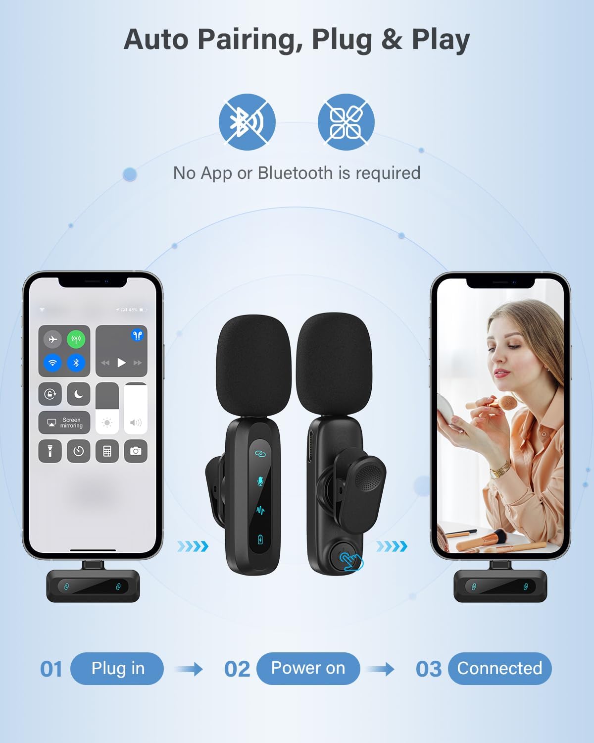 Wireless Lavalier Microphone for iPhone, iPad, Android Phone,2-Pack Mini Microphone with Noise Reduction, Auto Pairing and Mute & Reverb for Vlogging, Video Recording, TikTok, YouTube - Plug & Play