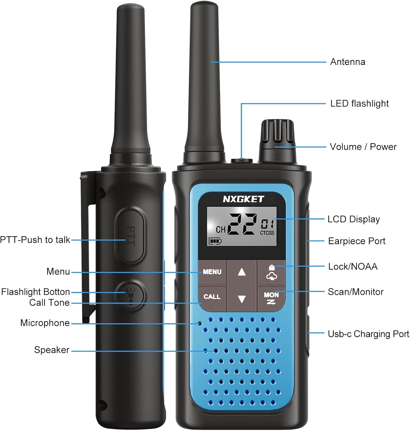 NXGKET Walkie Talkies Long Range for Adults Kids – Rechargeable Two Way Radio with 22 Ch, 1800mAh Battery, USB-C Charging, NOAA Weather, VOX, Flashlight – Great for Outdoor Camping & Hiking 4 Pack