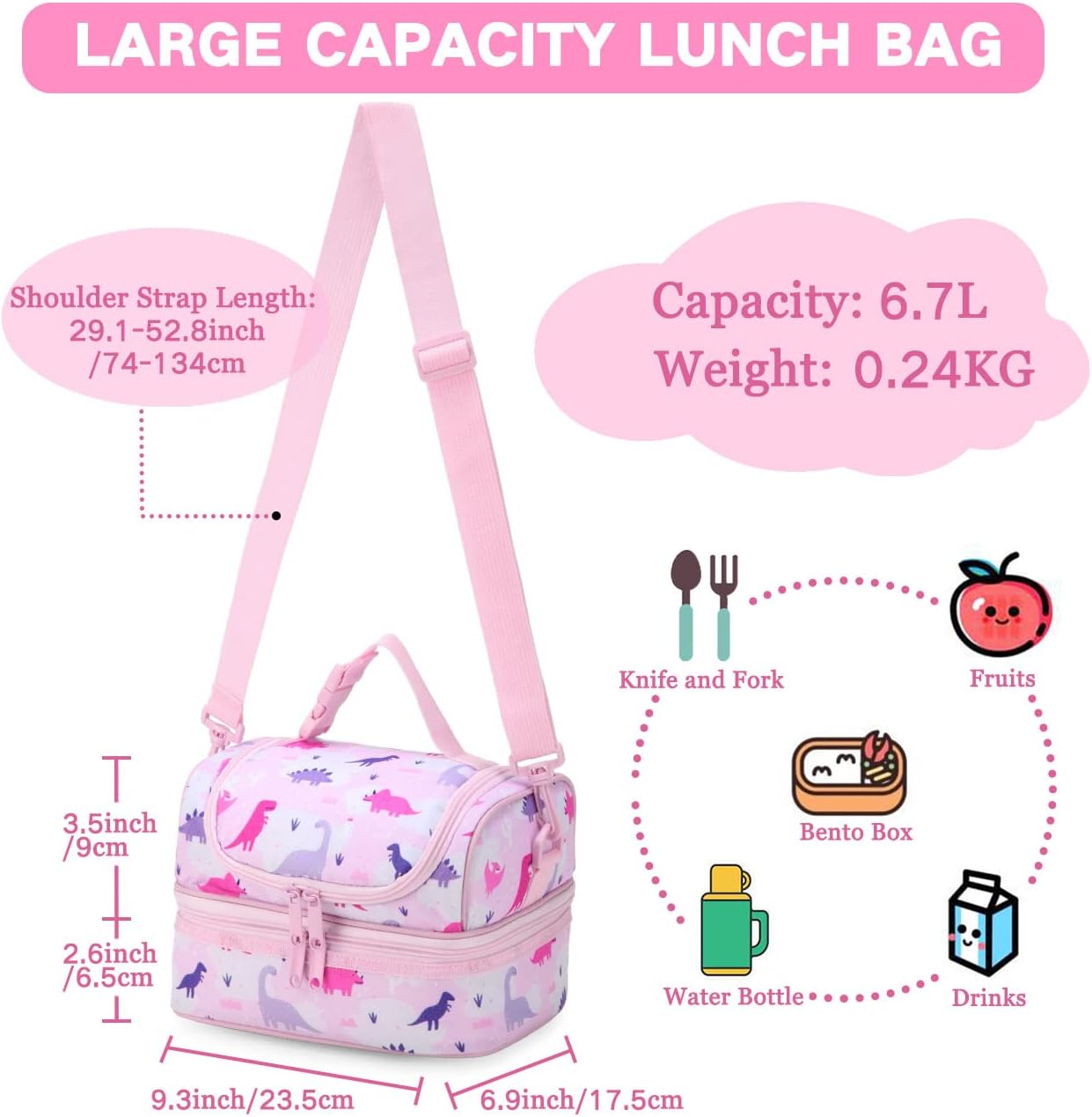 VASCHY Lunch Box Bag Men, Insulated Two Compartments Bento Cooler Bags for Adults/Women/Kids for School,Daycare,Kindergarten,Picnic Black