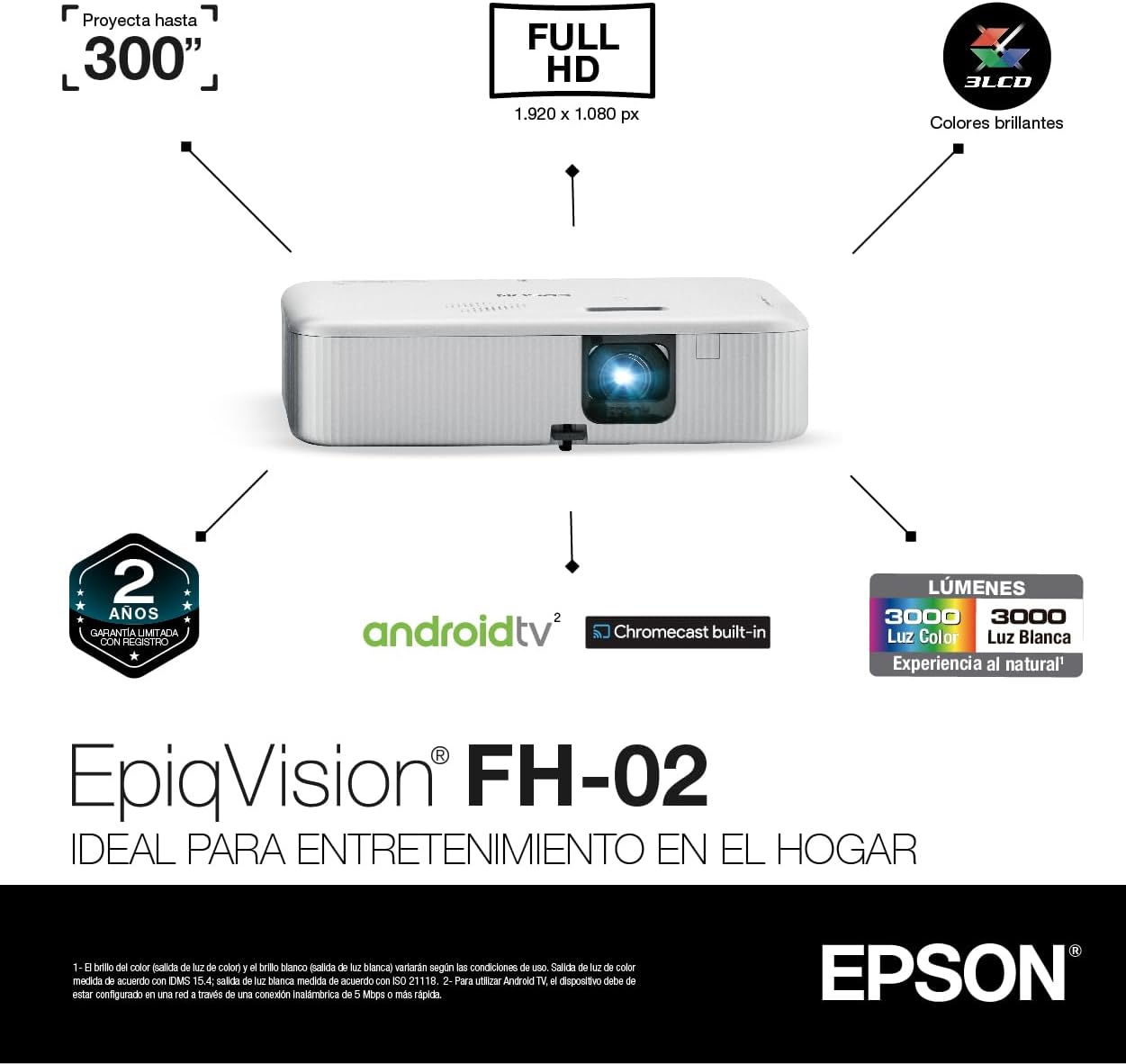 Epson EpiqVision Flex CO-FH02 Full HD 1080p Smart Streaming Portable Projector, 3-Chip 3LCD, 3,000 Lumens Colour/White Brightness, Android TV, Bluetooth, 300-Inch Home Entertainment/Work - White