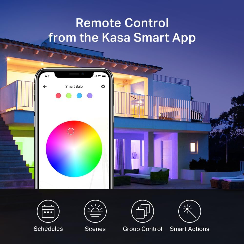Kasa Smart Light Bulbs, Full Colour Changing Dimmable Smart WiFi Bulbs Compatible with Alexa and Google Home, A19, 9W 800 Lumens,2.4Ghz only, No Hub Required, 2-Pack (KL125P2), Multicolour