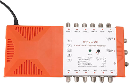 12 Channel Distribution Amplifier for TV CATV, Low Noise Figure ≤4dB, Seamless Connection to Multiple Televisions, Remote Powering, Compact Design, RED Compliant, (US Plug 110-120V)