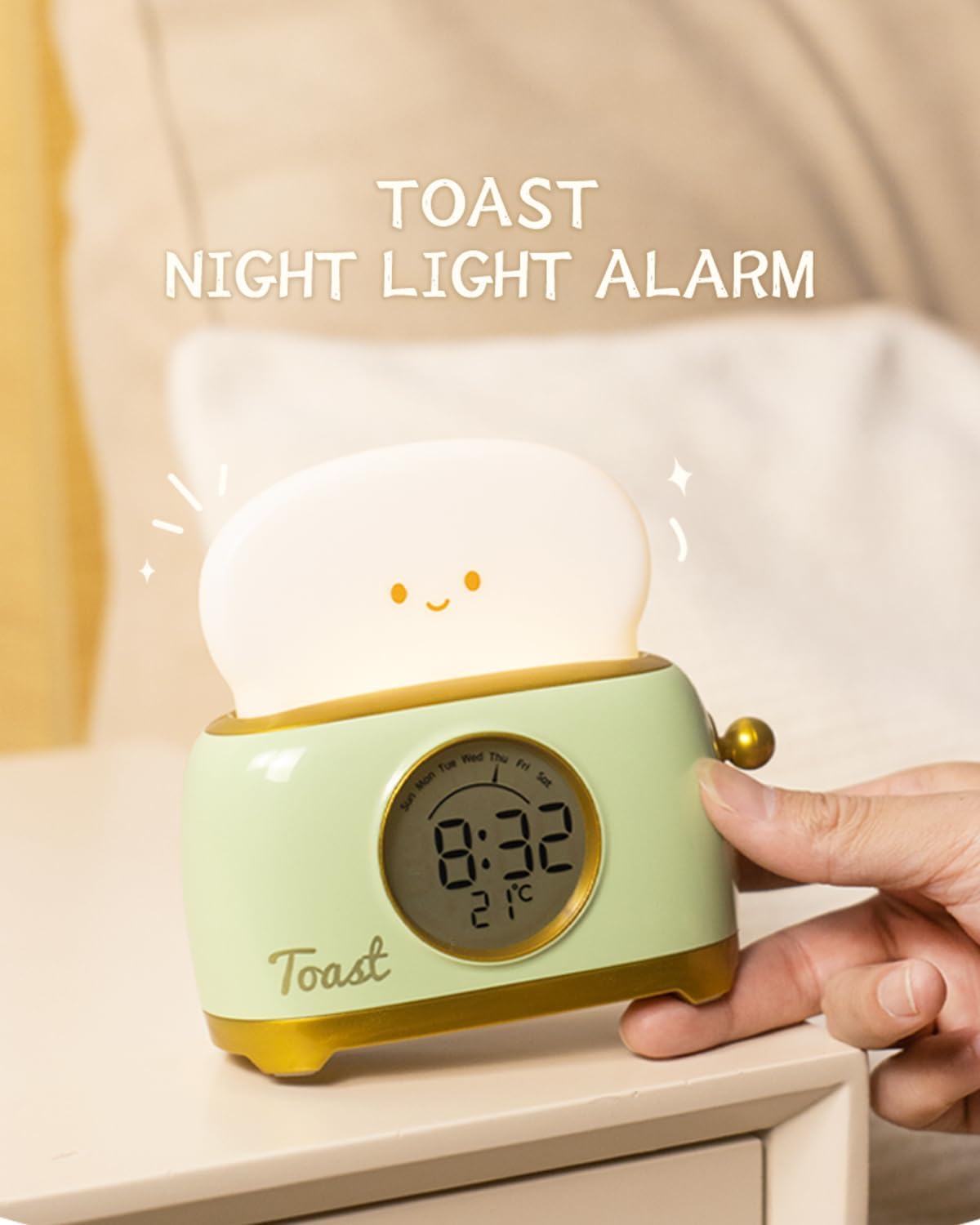 Alarm Clock for Kids, Cute Toast Night Light Alarm Clocks for Bedrooms, Dimming Rechargeable Small Led Desk Clock with Snooze & Countdown for Room Decor, Bedside Clock for Teen Girls Boys,Green
