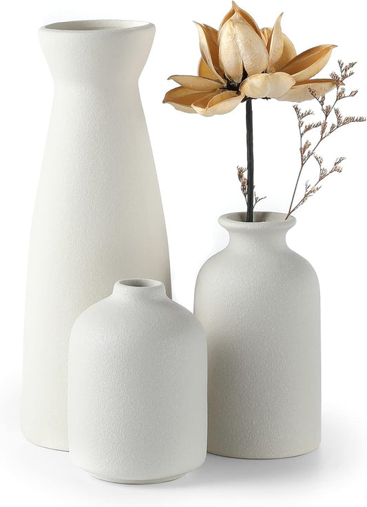 CEMABT White Ceramic vase Set-3 Small Flower vases for Decor,Modern Boho Farmhouse Home Decor,Decorative vase for Pampas Grass&Dried Flowers,idea Shelf,Table,Bookshelf ,Entryway- Distresse