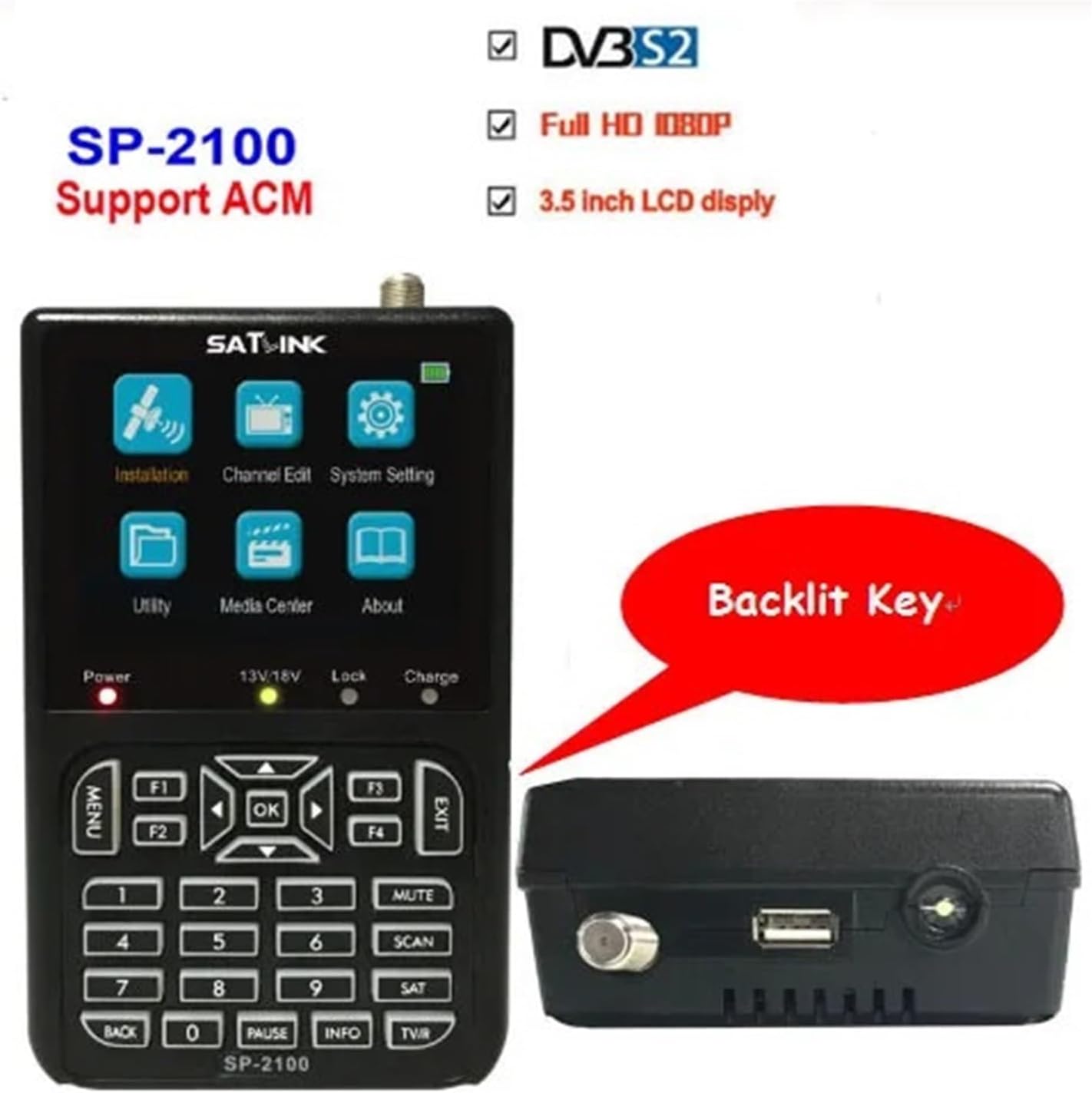 SP-2100 HD ACM Sat Finder DVB S/S2 MPEG-2/4 Digital Satellite Finder Meter 3.5 Inch LCD Screen