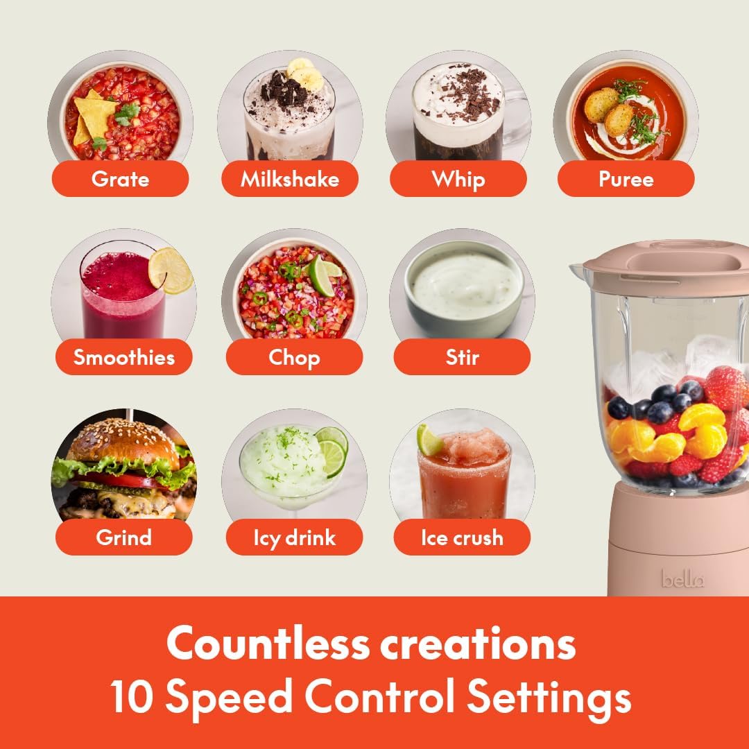Bella 10-Speed Countertop Blender, Juicer and Smoothies, Fits Anywhere™, Slim Design with Lid and Lid for Dishwasher Stainless Steel Carafe, 450W, Surf