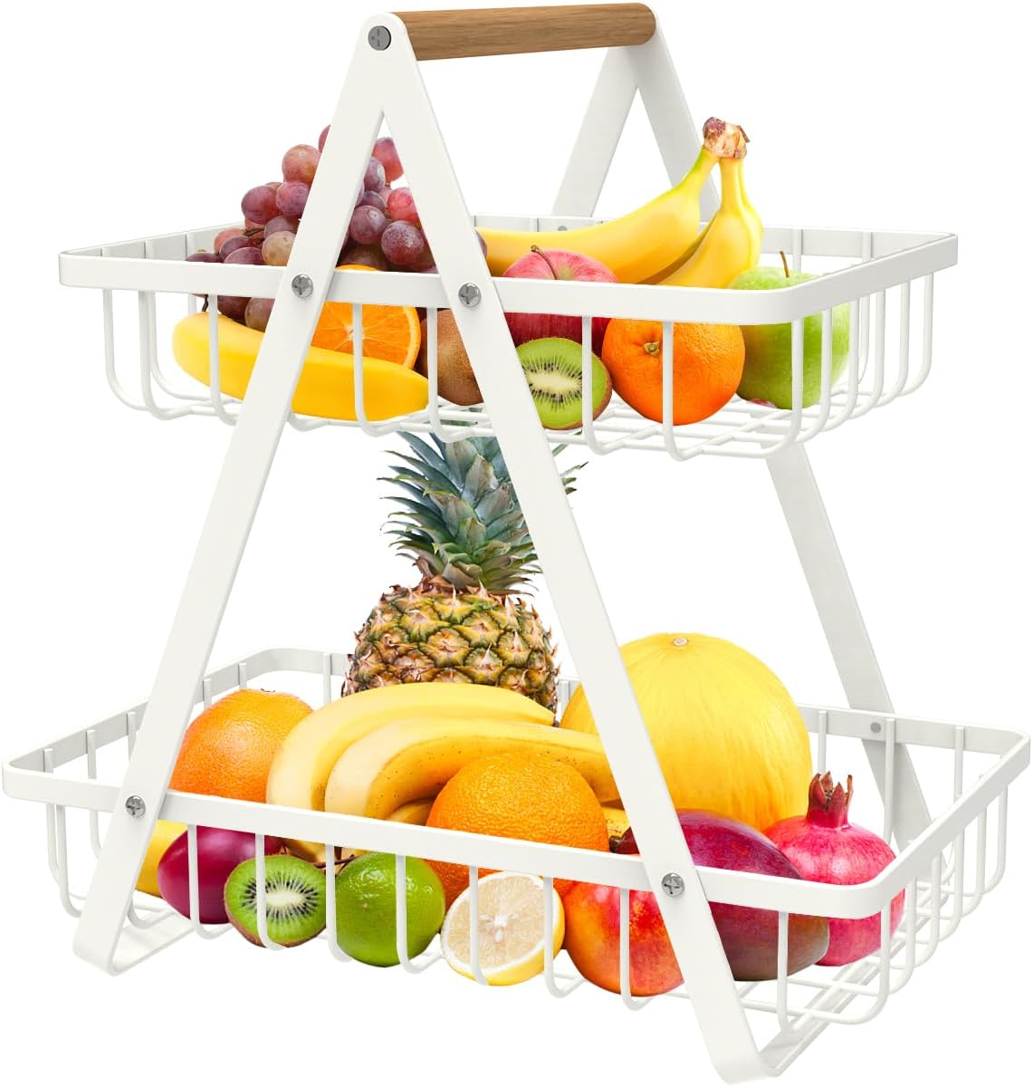 2 Tier Countertop Fruit Basket,Portable Fruit Bowle Basket for Kitchen Organizer Storage & Dining Room Fruits Vegetable Bread Snacks,MAHUEEOL Detachable Metal Rectangle Basket Storage