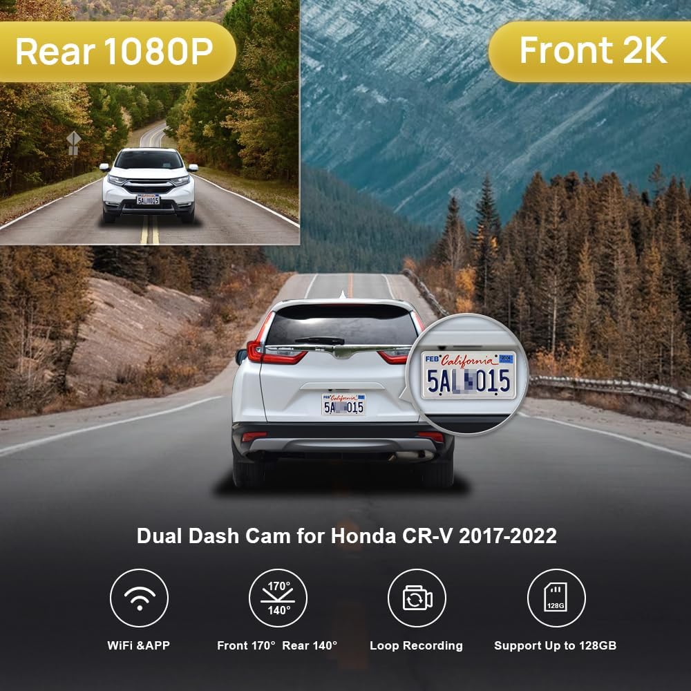 Fitcamx 4K Dash Cam 2160P Front and Rear 1080P Suitable for Honda CR-V LX EX EX-L Touring 2022 2021 2020 2019 2018 2017 (Gen5), OEM Look, 2160P+1080P HD Video WiFi, Loop Recording G-Sensor, 128GB Card