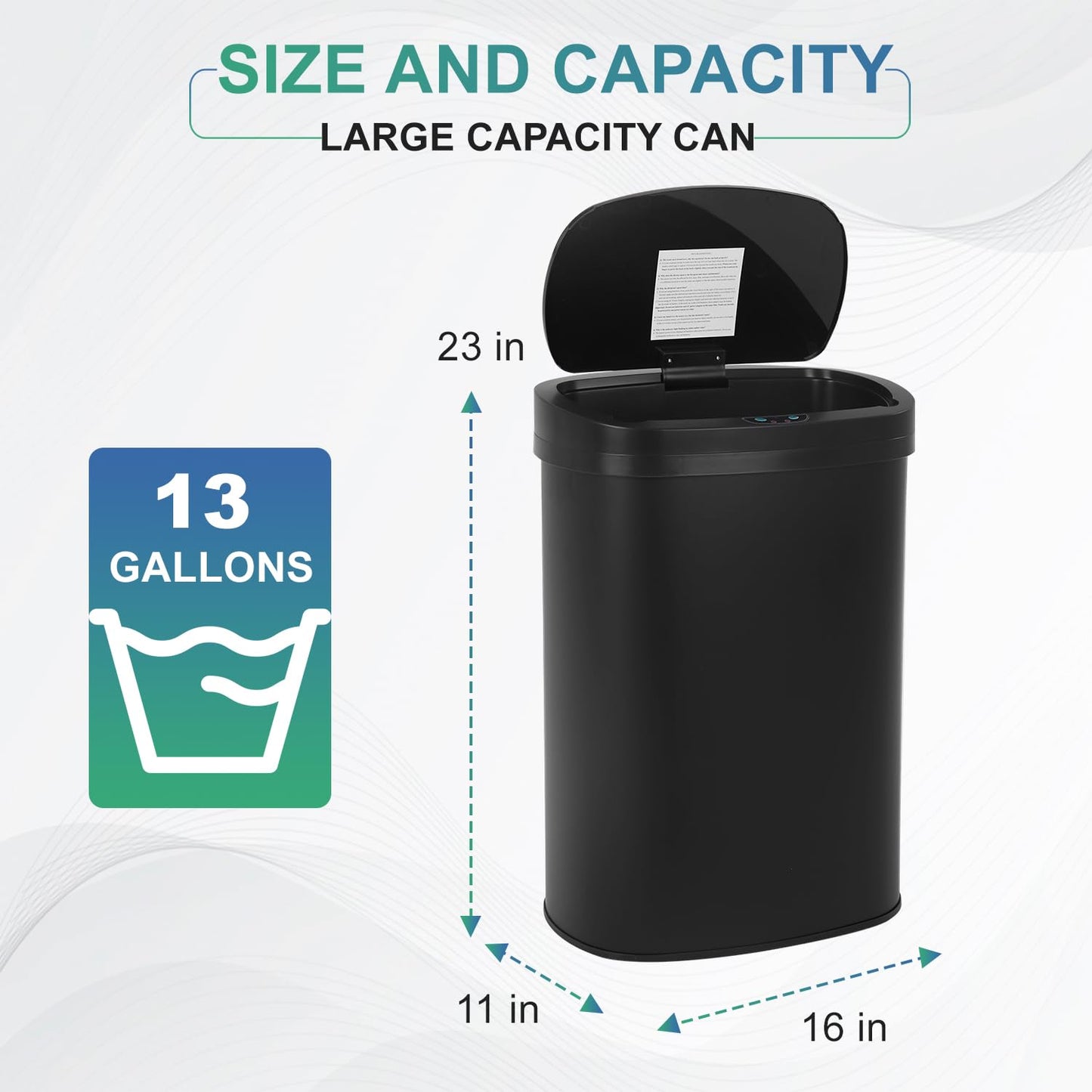 13 Gallon Sensor Garbage Can Stainless Steel Kitchen Garbage Can with Lid Antomatic Garbage can for Kitchen Office Bedroom Bathroom Living Room,Black