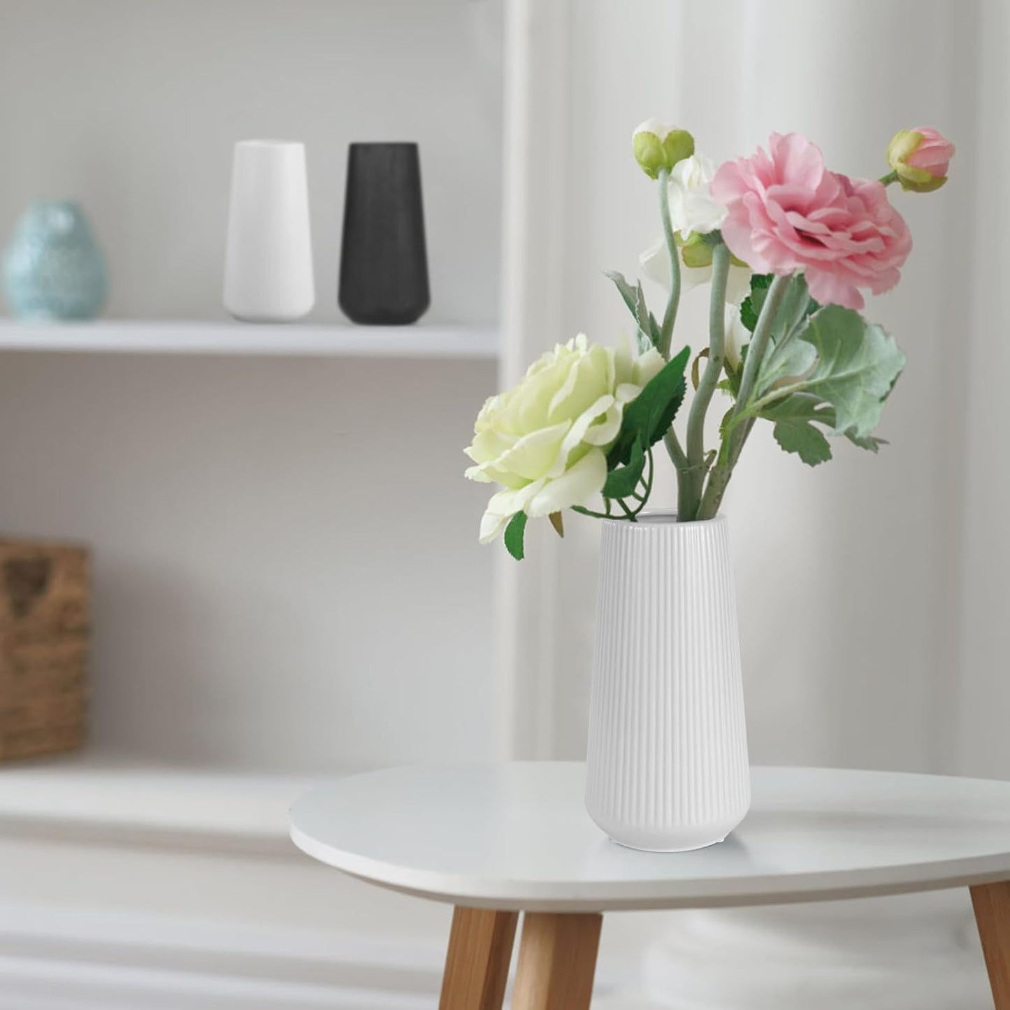 White Ceramic Vase, GUKJOB Small Cute Flower Vase for Pampas Grass, Home, Living Room, Dining Table, Farmhouse, Office Decor, Bedroom, Table, and Kitchen Shelf (White)