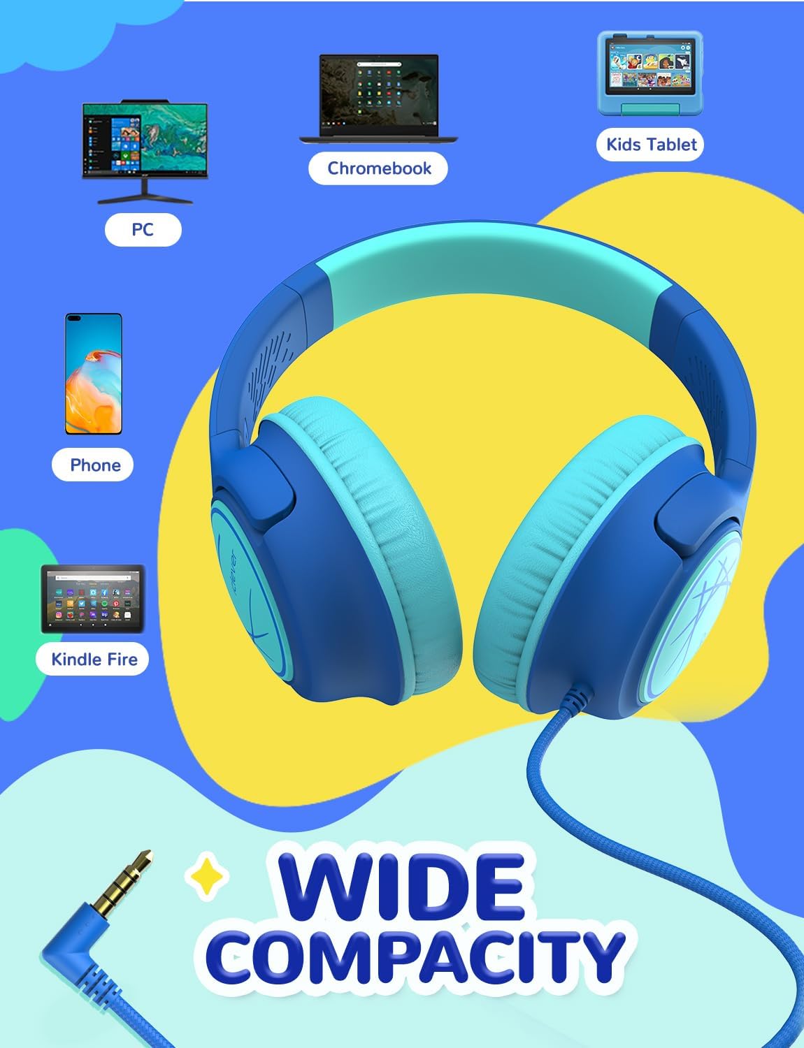 iClever Kids Headphones with Cord, 85dBA Safe Volume Wired Headphones for Kids, Stereo Sound Foldable Adjustable, 3.5mm Jack, Over Ear for School/Boys/Girls/iPad/Tablet/Travel, Blue