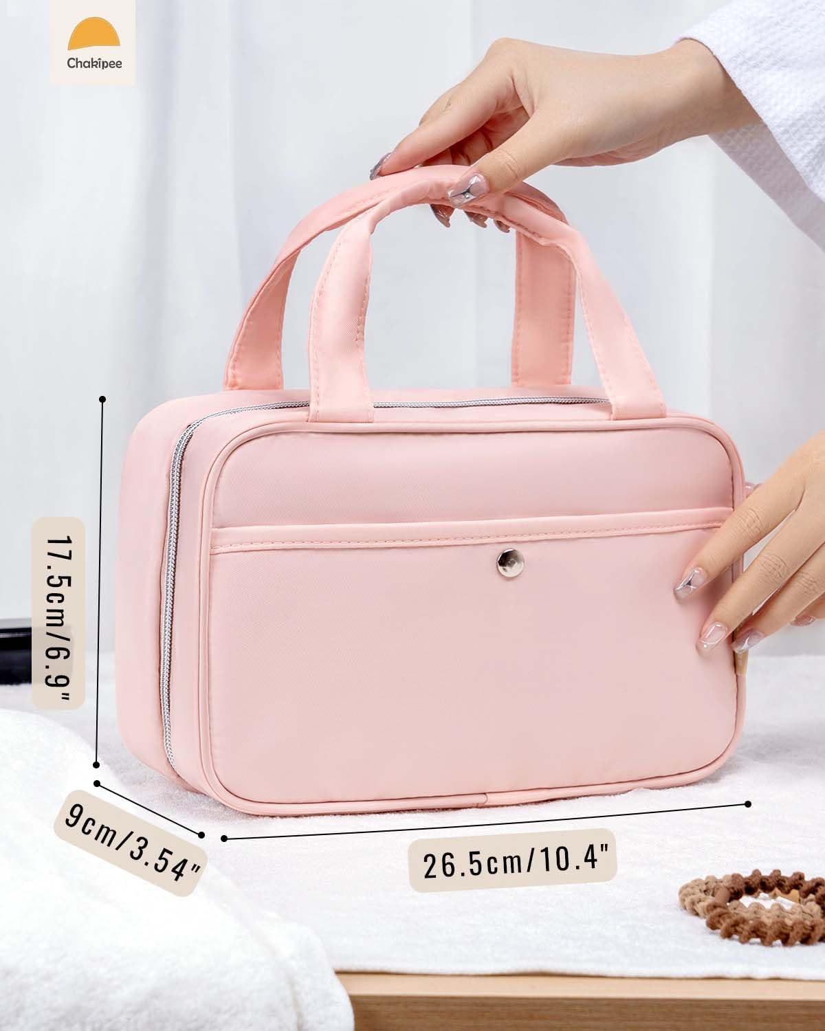 Chakipee Travel Hanging Toiletry Bag for Women - Waterproof Toiletries Bag Cosmetic Organizer Lightweight Bathroom with Clear Window for Essentials, Makeup, Shampoo Pink Medium
