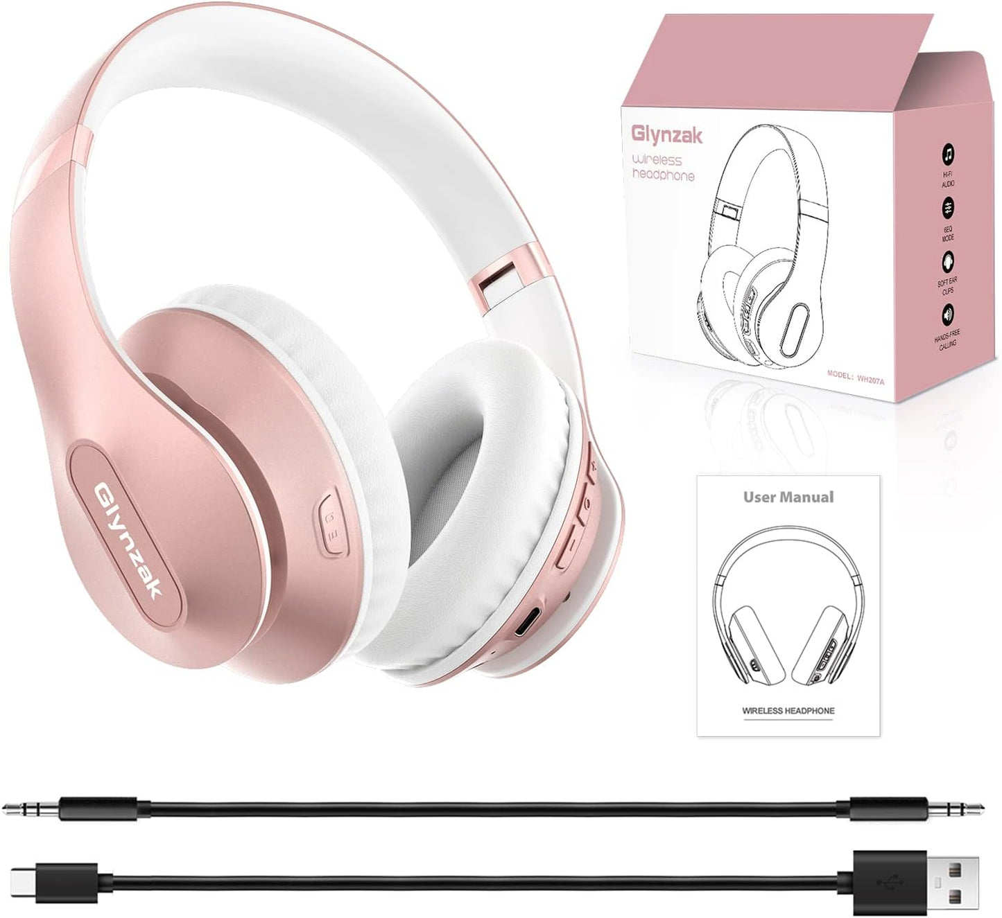 Glynzak Wireless Bluetooth Headphones Over Ear 65H Playtime HiFi Stereo Headset with Microphone and 6EQ Modes Foldable Bluetooth V5.3 Headphones for Desktop Computer Laptop Rose Gold