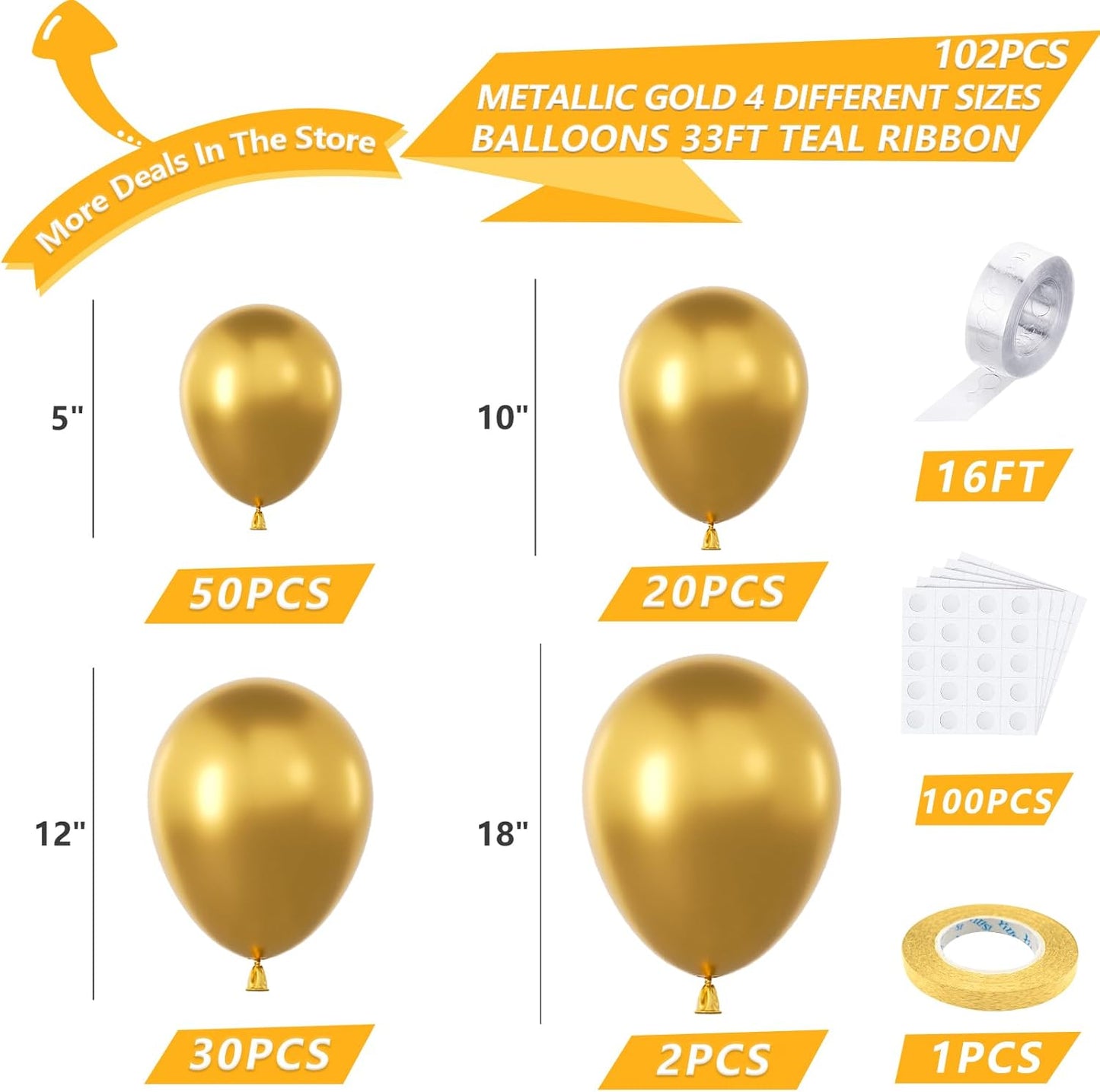 Gold Metallic Chrome Latex Balloon Arch Kit, 102PCS 18In 12In 10In 5In Arch Garland For Festival Picnic, Engagement, Wedding, Birthday Party, Gold Theme Anniversary Decoration With 33FT Ribbon