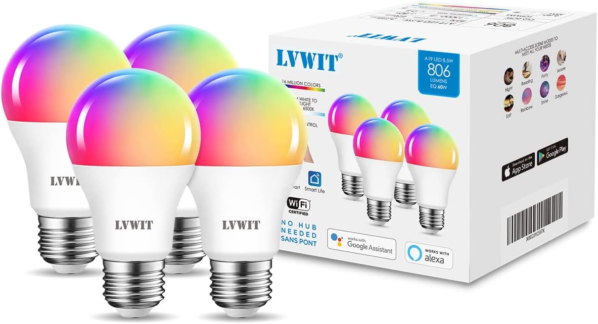 LVWIT Smart Light Bulbs Alexa, A19 60W Equivalent, E26 Smart LED, Work with Google Assistant, Smart Life App, Tuya App, RGB Color Changing Bulb (8.5W), No Hub Required, 4-Pack