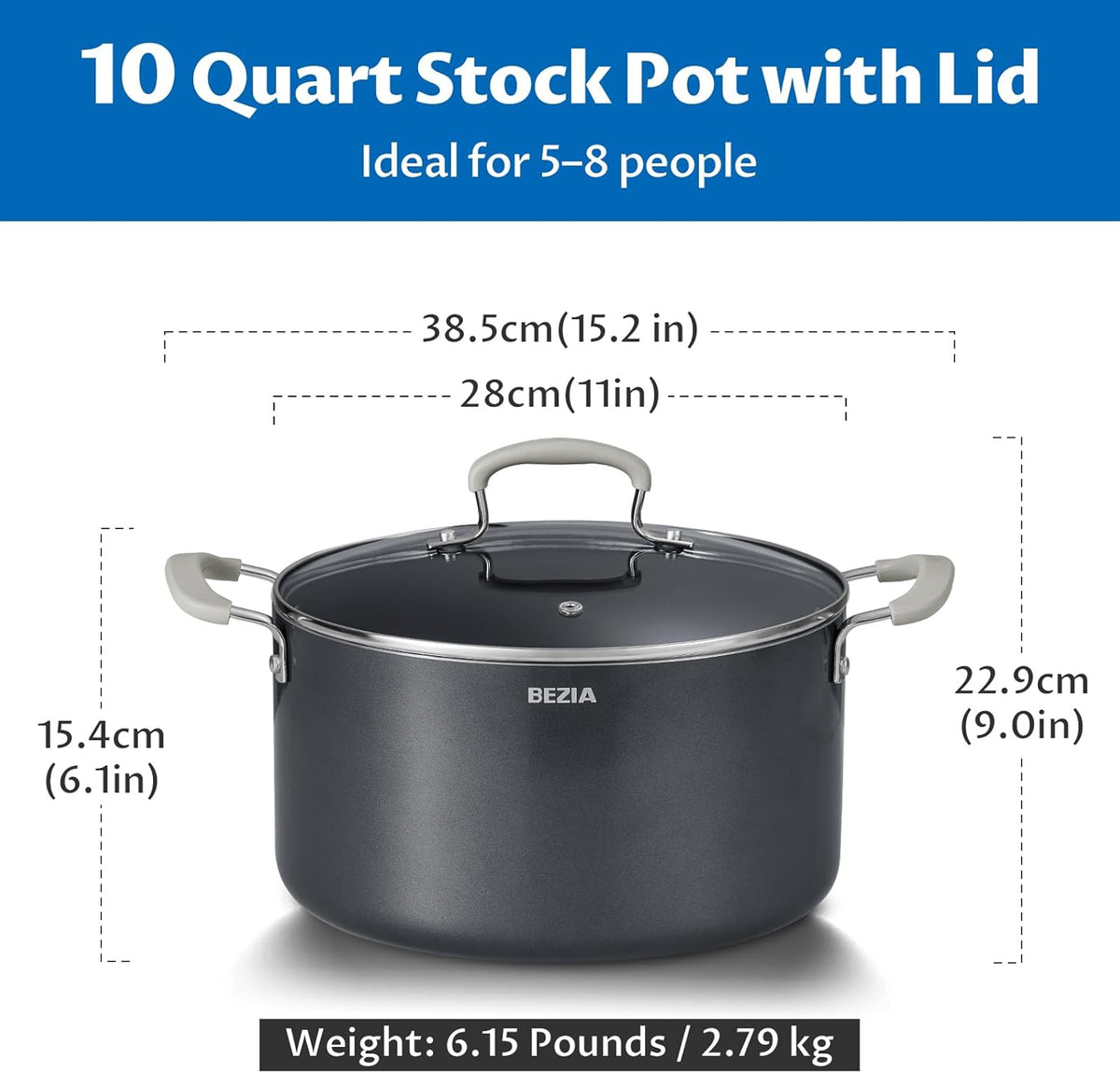 10 Quart Pot with Lid, BEZIA Ceramic Nonstick Stock Pot with Lid, Induction Ready, Large Cooking Pot with Silicone Handle, Compatible with All Cooktops, Dishwasher Safe