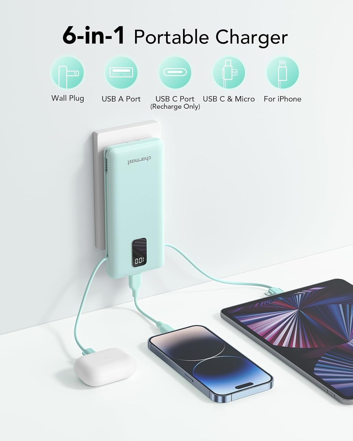 Charmast 10000mAh Portable Charger with Built-in Cables and AC Wall Plug,USB C Battery Pack Power Bank,5 Output 2 Input Battery Pack Compatible with iPhone 16/15/14/13/12,Andriod Series
