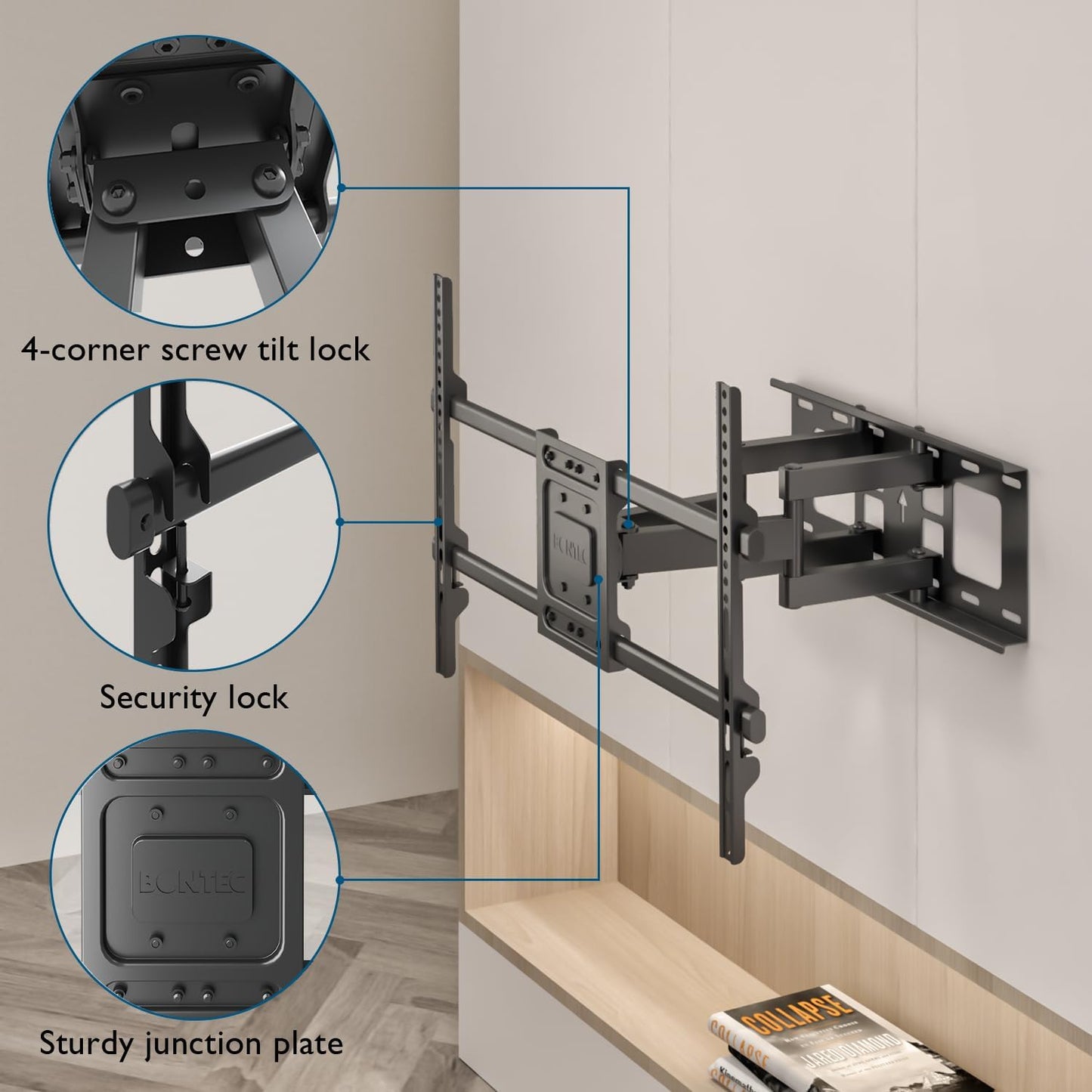 BONTEC Full Motion TV Wall Mount for 37-84 Inch LED LCD OLED Flat Curved TVs, Swivel Tilt Articulating Dual Arm TV Mount Bracket Holds up to 132lbs, Max VESA 600x400mm, Easy Installation