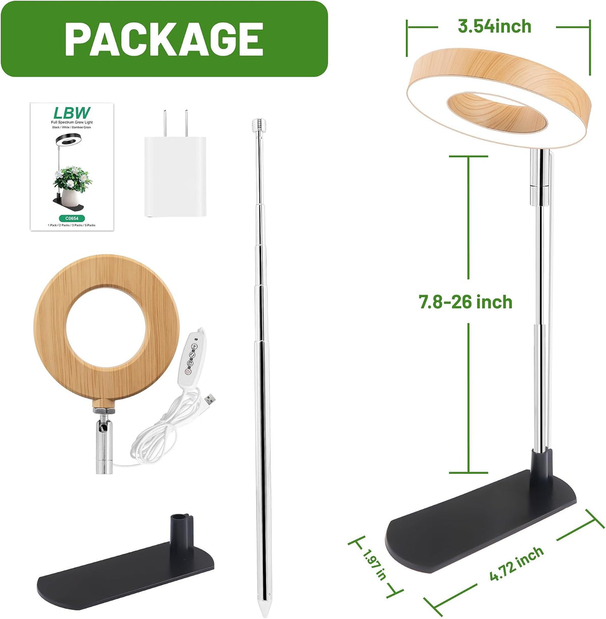 LBW Grow Light for Indoor Plants, Full Spectrum Plant Light with Base, Height Adjustable Plant Grow Lamp with Auto Timer 6/8/12/16H, 3 Colors,5 Dimmable Brightness, for Small Plants, Faux Bamboo Grain