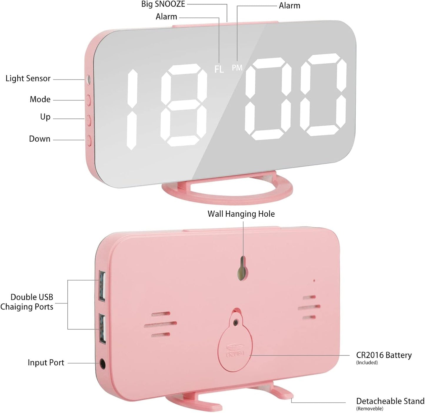 Digital Alarm Clock,Large LED Mirror Display, 2 USB Charging Ports,Auto Dim Mode,Modern Design Clock for Bedroom Office, White