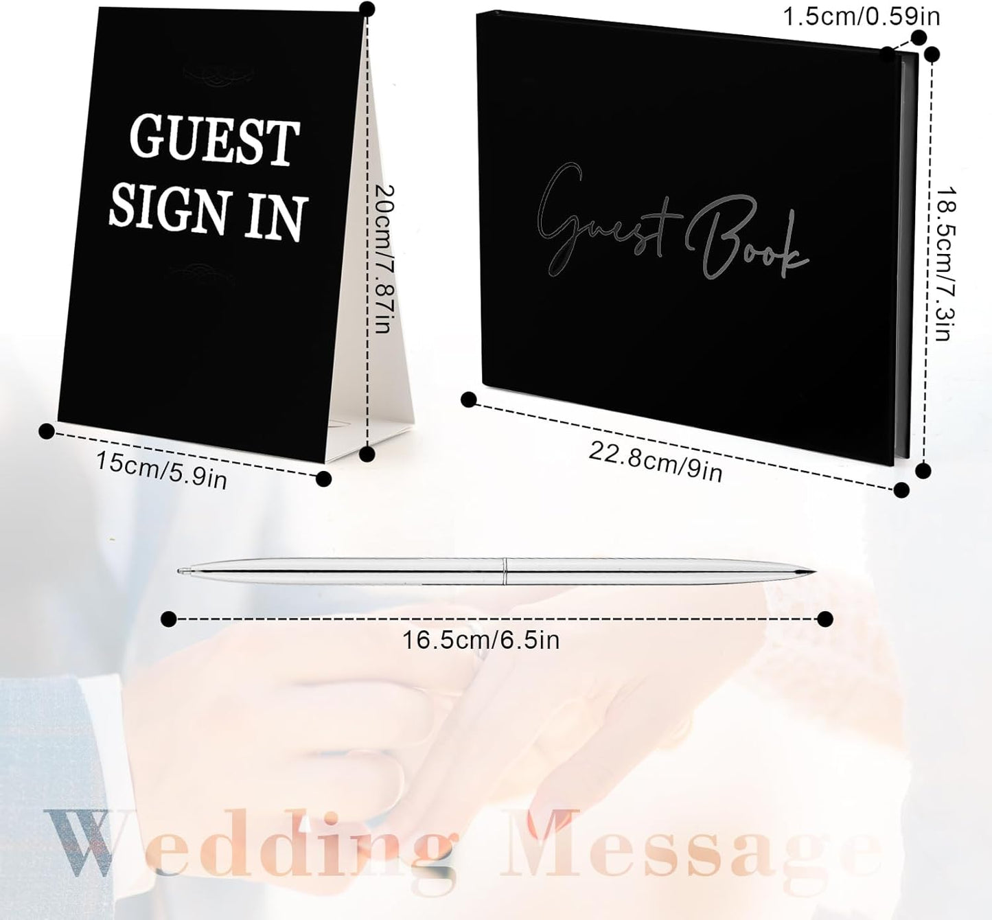 3pcs Wedding Guest Book Set, Romantic Wedding Guest Signature Book with Hard Cover Cherished Modern Script Wedding Book Blank Pages for Wedding Reception Special Events (Black)