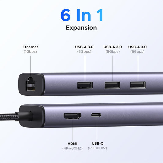 UGREEN Revodok USB C Hub 6-in-1, Type C Adapter with Gigabit to Ethernet Adapter, 4K HDMI, 100W PD, 3 USB 3.0, Compatible with MacBook, iPad, Dell, HP, Surface, Chromebook, Mac mini - PuriLite