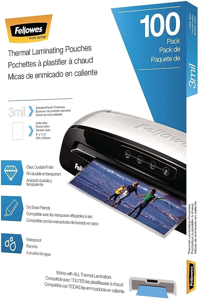Fellowes Thermal Laminating Pouches, Letter Size Sheets 9 x 11.5-Inches, 3 mil, 200 Pack (5743401), Clear