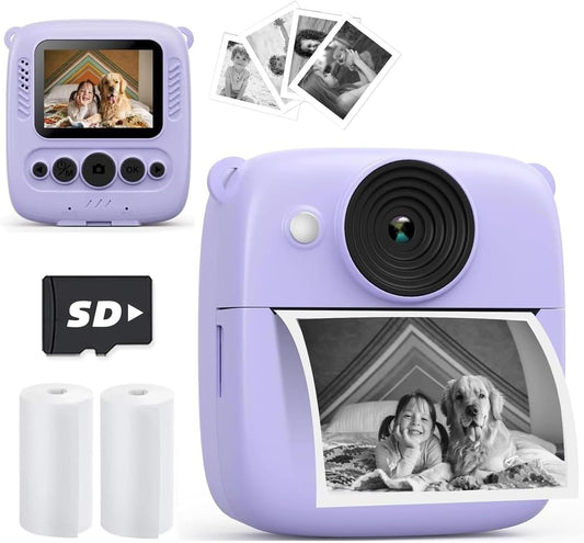 Kids Camera Instant Print, Christmas Birthday Gifts for Kids Age 3-8, 1080P Digital Camera with 32GB Card, Toddler Portable Travel Camera Toys for 4 5 6 7 8 9 10 Year Old Girls Boys Purple