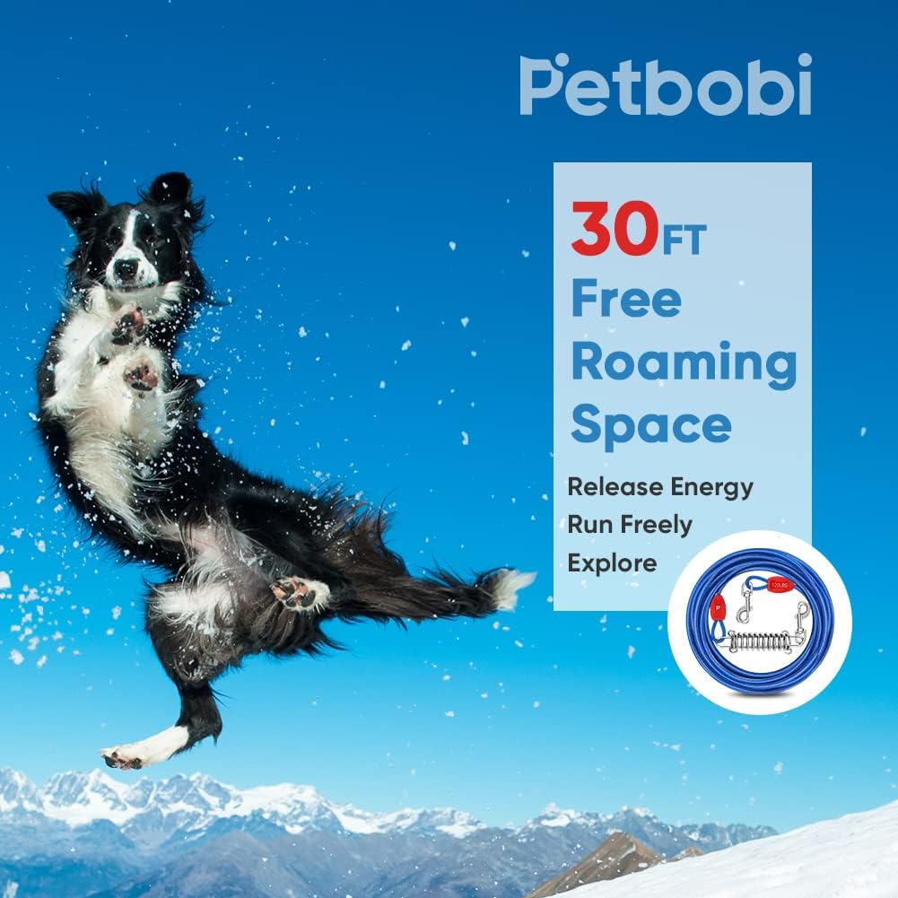 Petbobi Dog Tie-Out Cable 30ft - Outdoor Leash 4mm Metal Cable with Shock Absorbing Spring 360° Swivel Clips, Dog Chain for Yard Camping, Fit Small Medium Large Pets Up to 120lbs, Blue