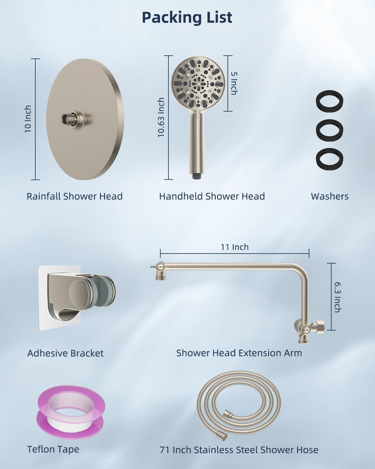 Metal Thickness Shower Head, 10'' High Pressure Rainfall Shower Head/Handheld Showerhead Combo with 12'' Adjustable Shower Extension Arm, 7-Spray, 71'' Hose, Showerhead Holder, Matte Black
