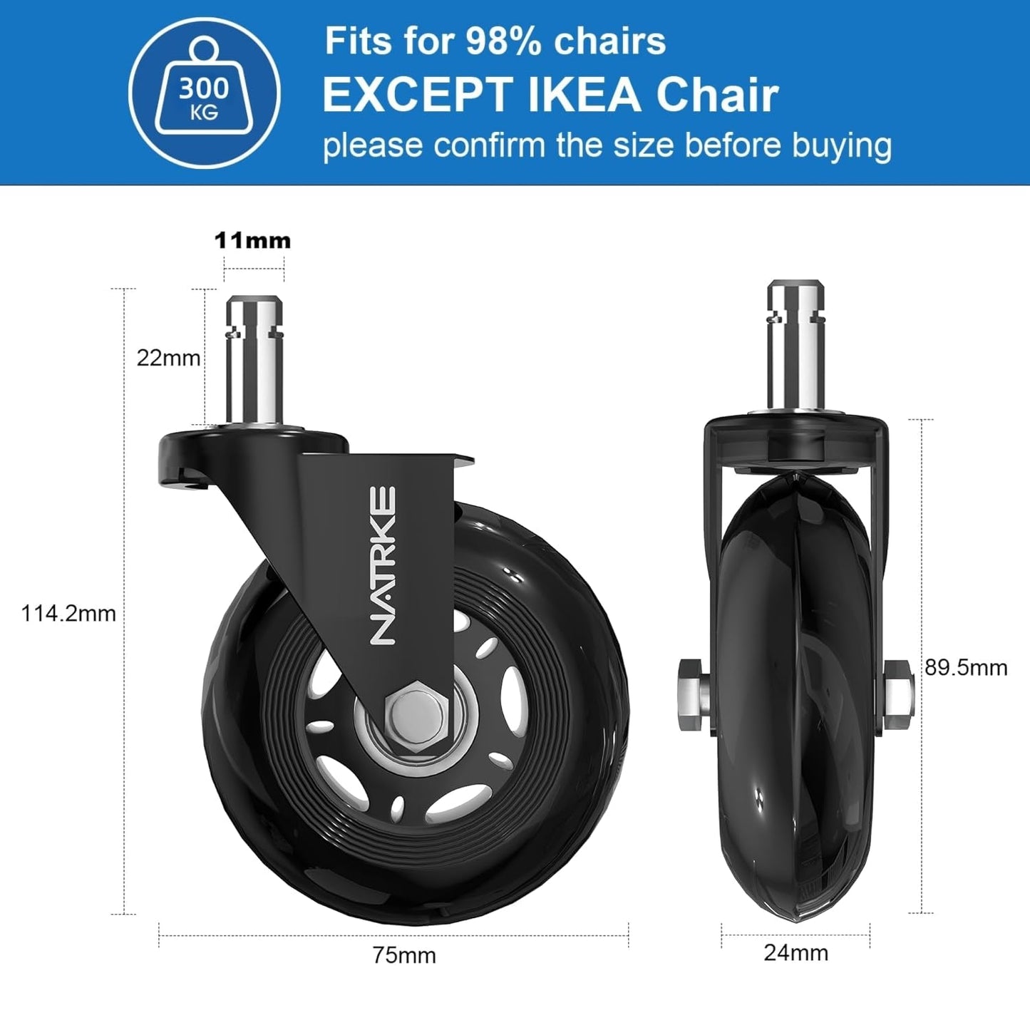 NATRKE Office Chair Wheel Replacement, 11×22 Office Chair Casters, 3" Rubber Caster Wheels for Swivel Chair for All Floors Hardwood Carpet, 5 Pack (Clear)