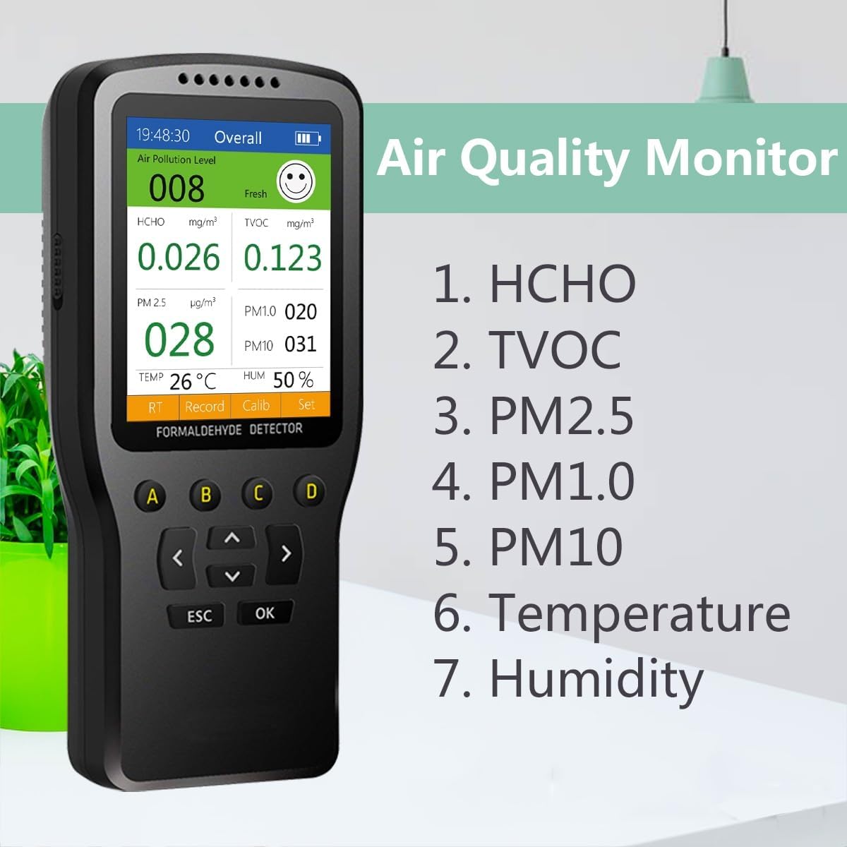 Air Quality Tester, 8 in 1 Air Quality Monitor Indoor,Formaldehyde Detector, voc Meter, Detect Indoor HCHO,TVOC,AQI,PM2.5,PM10,PM1.0,Temperature and Humidity Tester (Black)