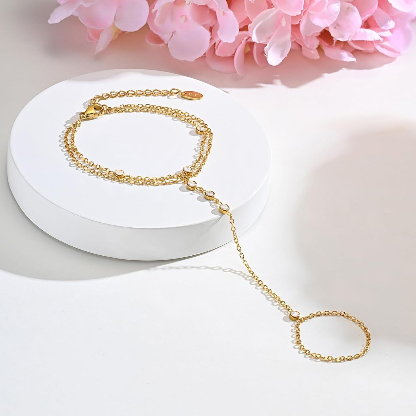Hand Chain Ring Bracelet For Women, 14k Gold Plated Dainty Cubic Zirconia Minimalist Finger Ring Bracelet, Trendy Stuff Jewelry Gifts To Wife Girfriend Daughter Sister BBF, 17.5cm/7.5cm