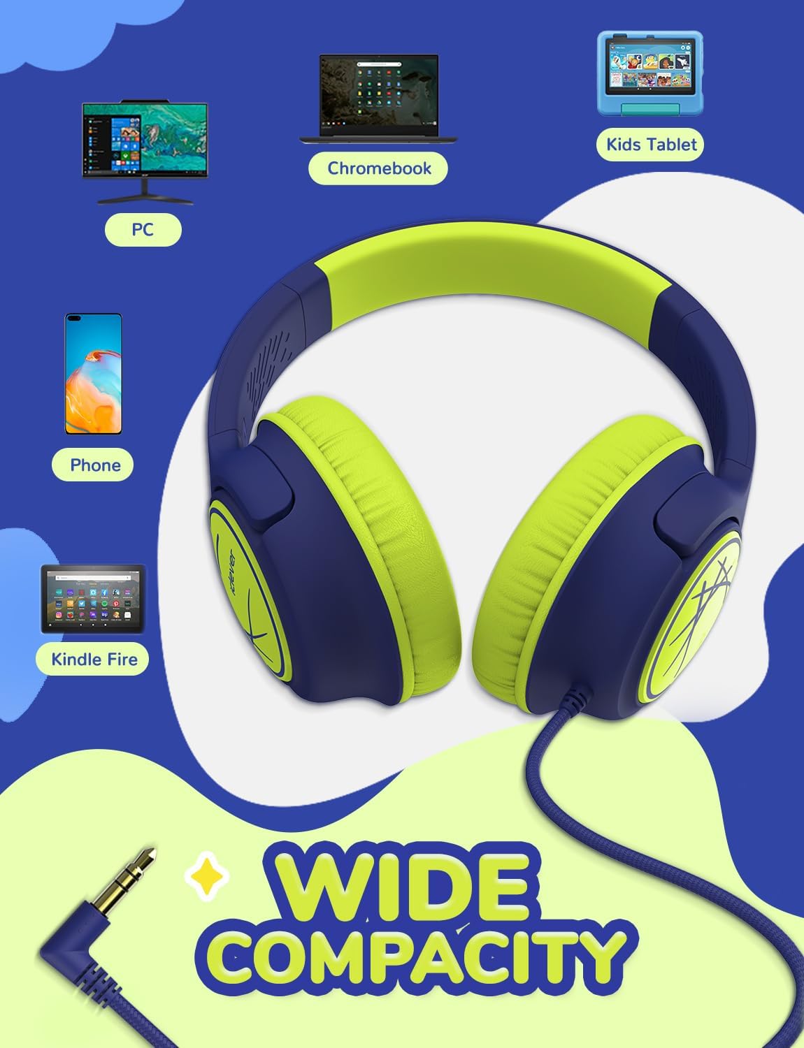 iClever Kids Headphones with Cord, 85dBA Safe Volume Wired Headphones for Kids, Stereo Sound Foldable Adjustable, 3.5mm Jack, Over Ear for School/Boys/Girls/iPad/Tablet/Travel, Blue