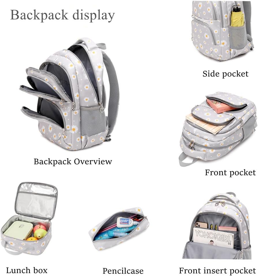 3Pcs Daisy Prints Backpack for Girls Bookbag set Primary School Daypack Elementary Students Knapsack with Lunch Box