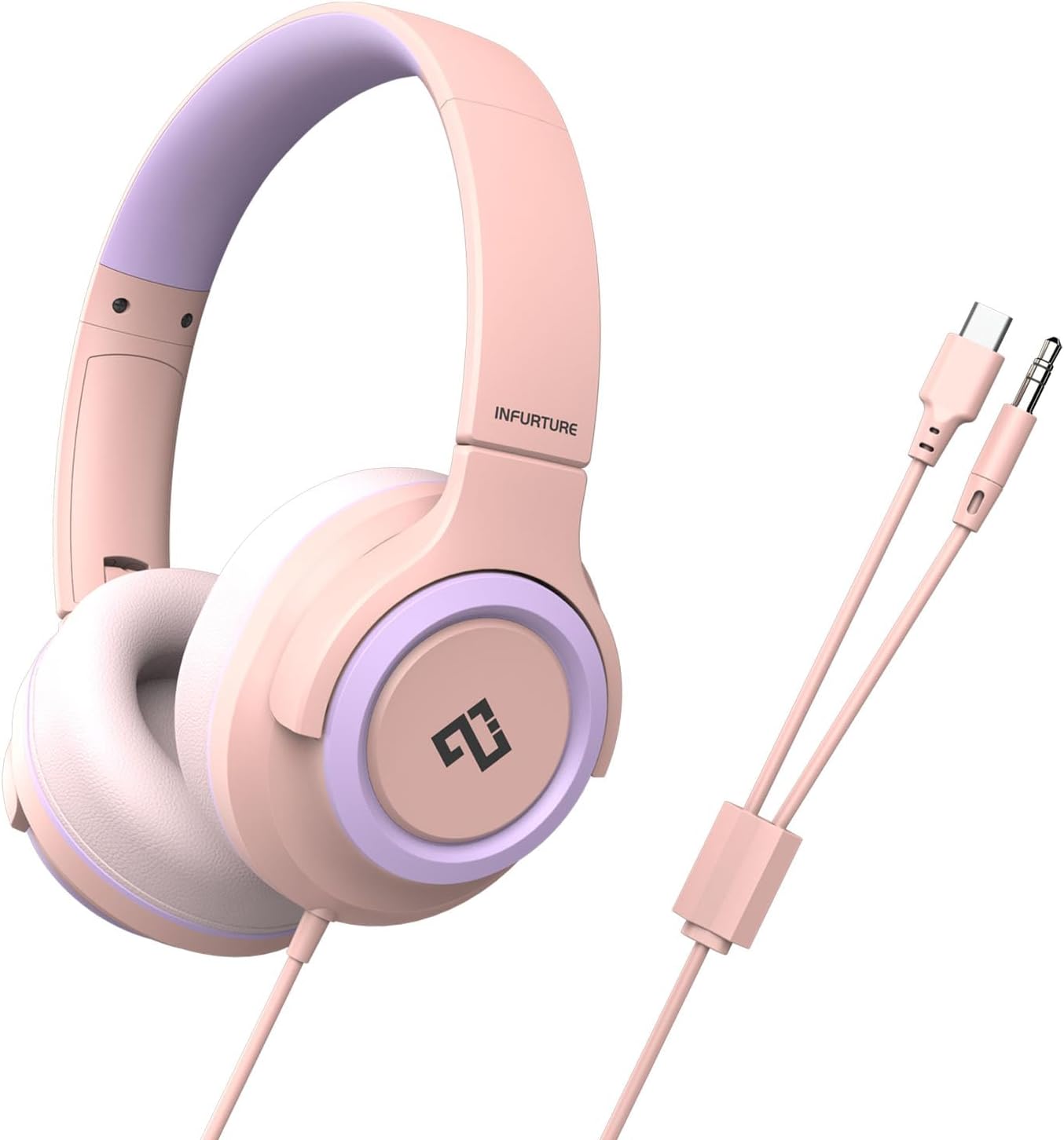 INFURTURE Kids Headphones for School Travel, 94dB Safe Volume Limited, HD Mic Stereo Sound Over-Ear Girls Boys Headphones for Kid, Foldable 3.5mm and USB-C Wired Headphones for iPad Computer