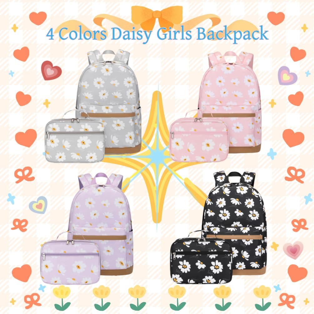 3Pcs Daisy Prints Backpack for Girls Bookbag set Primary School Daypack Elementary Students Knapsack with Lunch Box