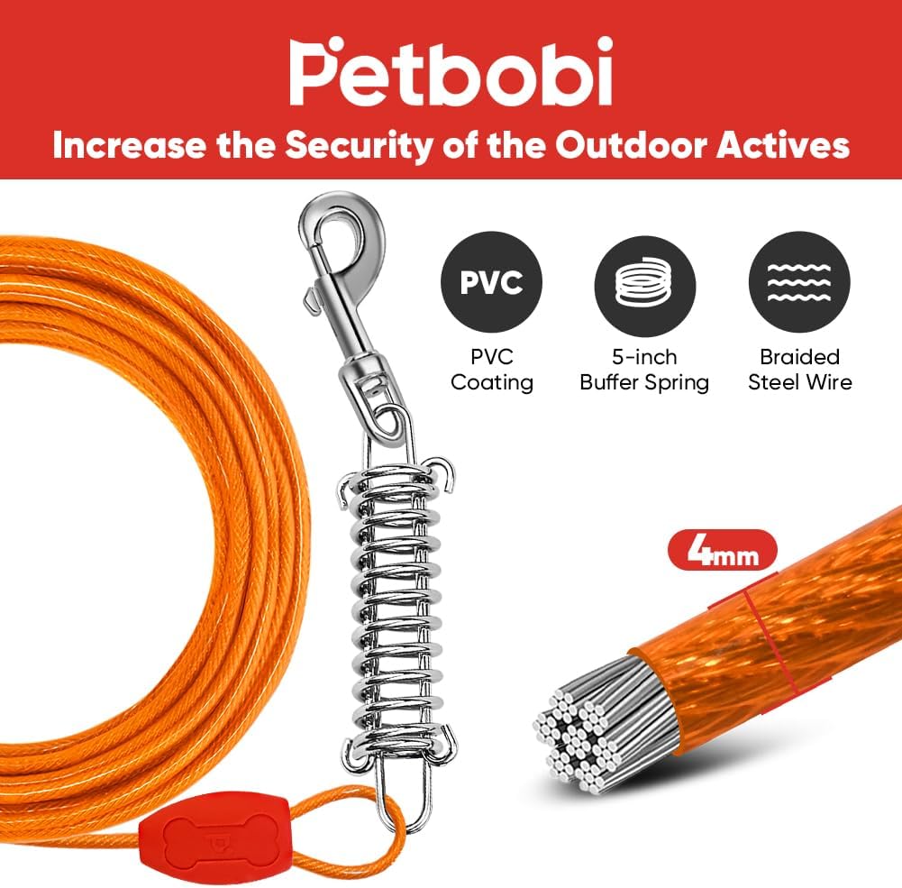 Petbobi Dog Tie-Out Cable and Stake - 30ft Heavy Duty Cable with Spring, No Tangle, 16in Ground Stake, Ideal for Yard, Camping and Beach, Suitable for Small Medium Large Dogs Up to 120 lbs, Blue