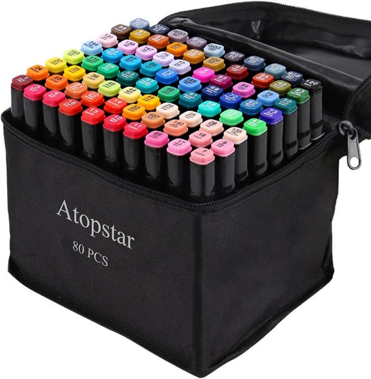 ATOPSTAR 80 Colors Alcohol Markers Artist Drawing Art Markers Dual Tip Markers for Adult Coloring Painting Supplies Perfect for Adult Students Gift(80 Black Shell)