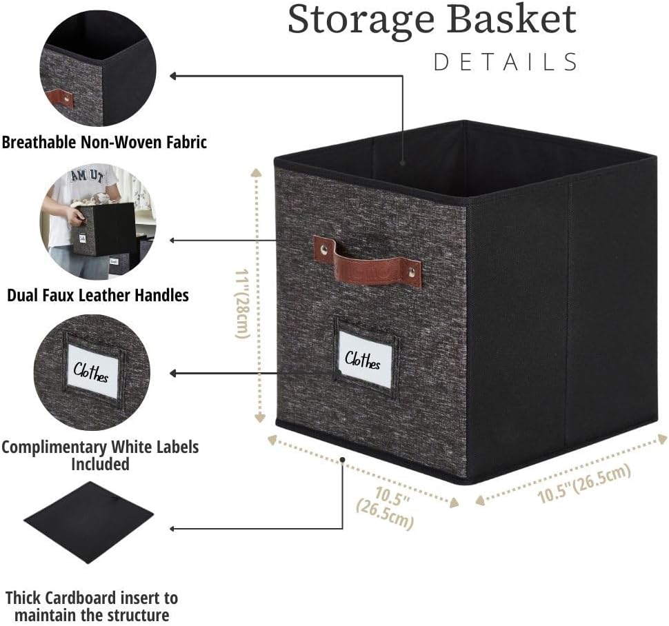 DECOMOMO Cube Storage Bin, Storage Cubes with Labels, Baskets for Shelves Kallax Linen Closet Organizers (Cube 10.5x11"/ 6pcs, Black)