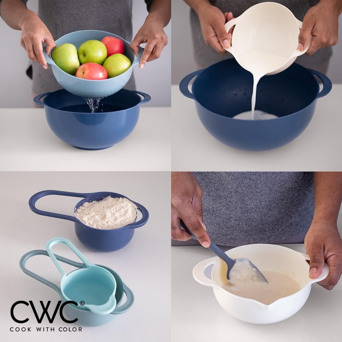 Cook With Color 8 Piece Nesting Bowls with Measuring Cups Colander and Sifter Set | Includes 2 Mixing Bowls, 1 Colander, 1 Sifter and 4 Measuring Cups, Blue