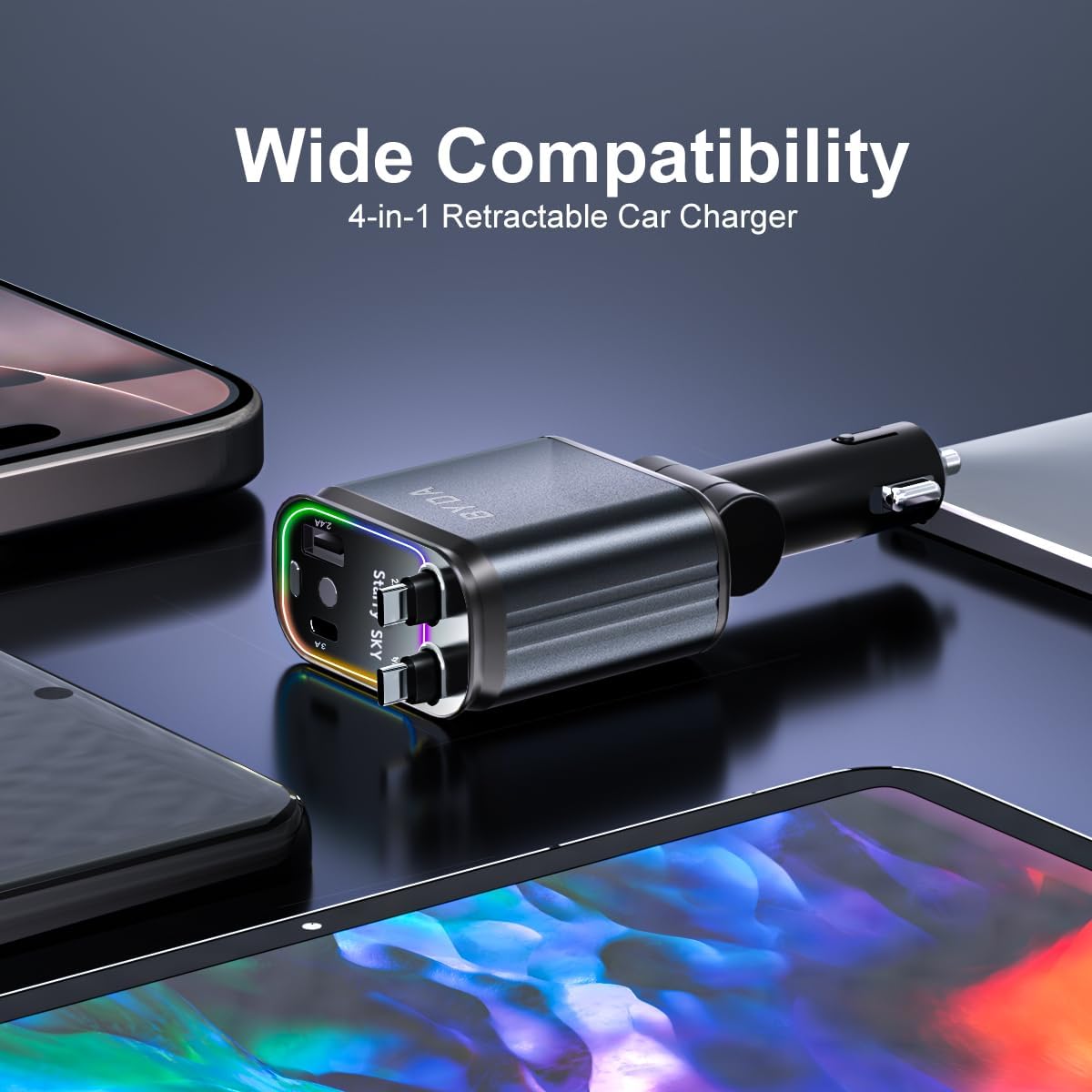 4 in 1 Retractable Car Charger 69W with Starry Light,69W Fast Charging USB C for iPhone 16/15/14/13/12,Pixel, Cigarette Lighter Charger,180° Adjustable Plug,Multi-Device Support