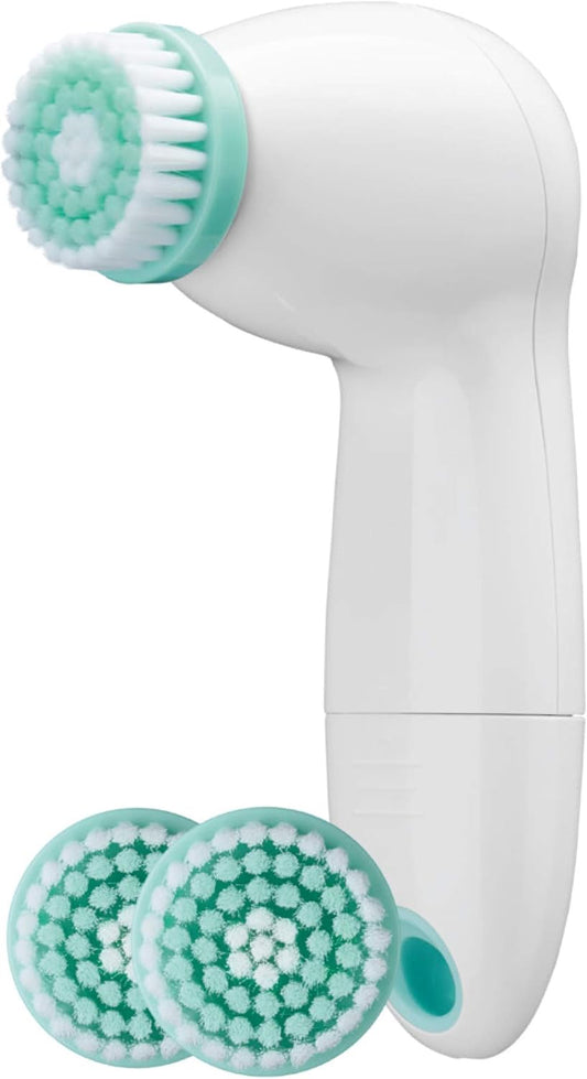 True Glow by Conair Battery Operated Facial Cleansing Brush, Water Resistant with 3 Brushes for cleansing + gentle exfoliating for all skin types, White