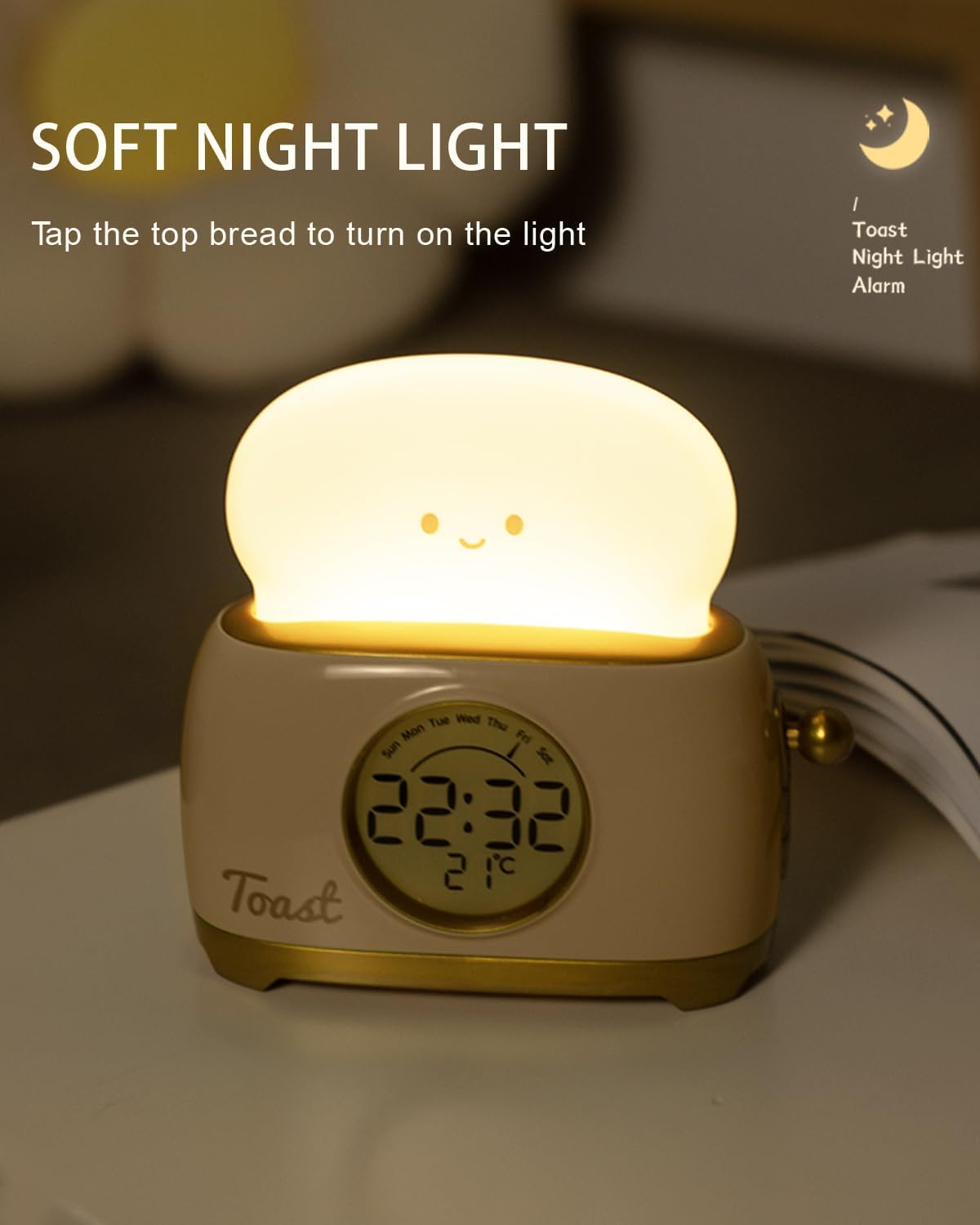 Alarm Clock for Kids, Cute Toast Night Light Alarm Clocks for Bedrooms, Dimming Rechargeable Small Led Desk Clock with Snooze & Countdown for Room Decor, Bedside Clock for Teen Girls Boys,Green