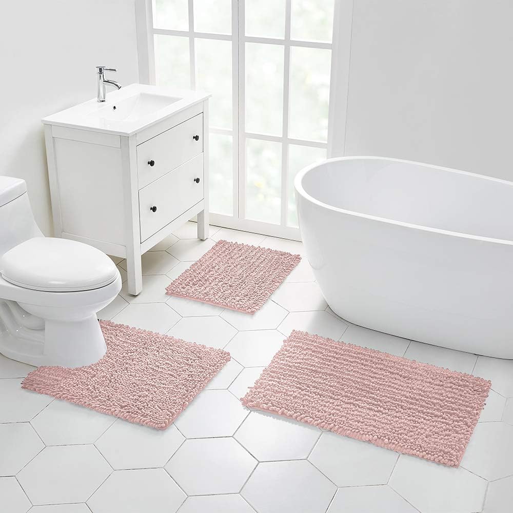 Walensee Bathroom Rug Non Slip Bath Mat (24x17 Inch Blush) Water Absorbent Super Soft Shaggy Chenille Machine Washable Dry Extra Thick Perfect Absorbant Best Small Plush Carpet for Shower Floor