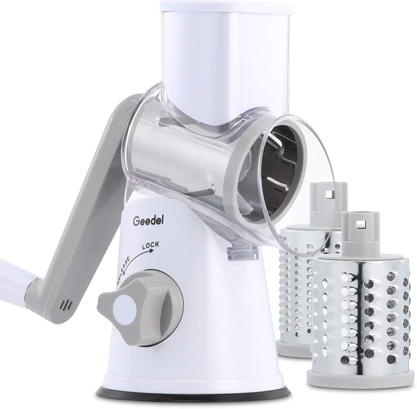 Geedel Kitchen Cheese Grater, Rotary Mandoline Vegetable Slicer with Interchangeable Blades, Easy to Use Rotary Grater Slicer for Fruit, Vegetables, Nuts