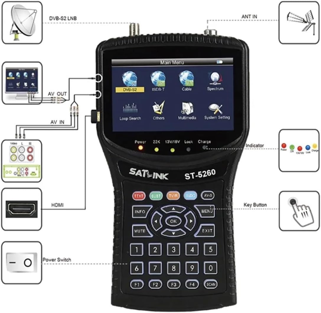 ST5260 Satellite Finder DVB-S2/ISDB-T/Cable Combo Signal Meter H.265 1080p 4.3inch St-5260