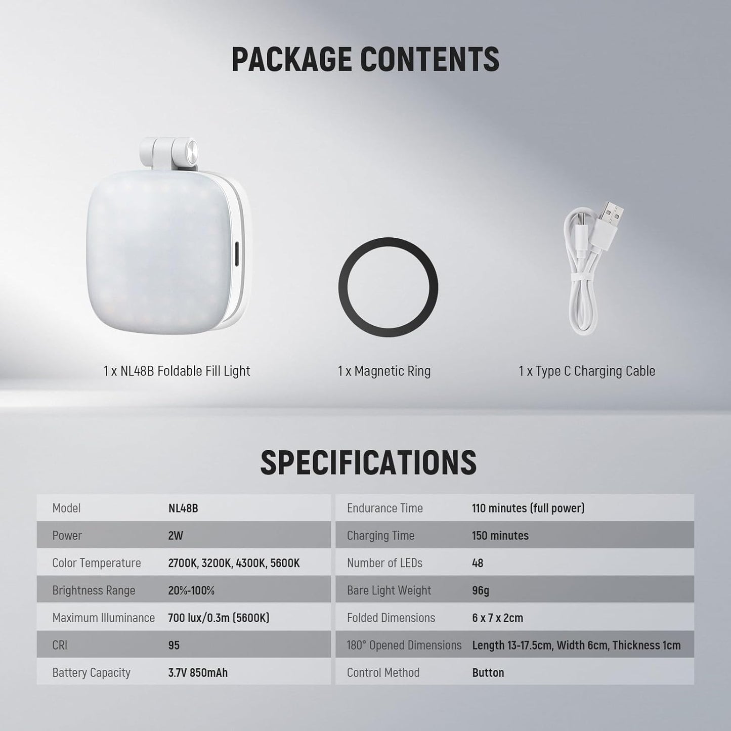 NEEWER BASICS Magnetic Selfie Light Compatible with MagSafe iPhone, CRI95 700lx/0.3m Folding LED Phone Fill Ring Lighting with Mirror for Zoom Makeup Photography Recording Video Conference,White NL48B