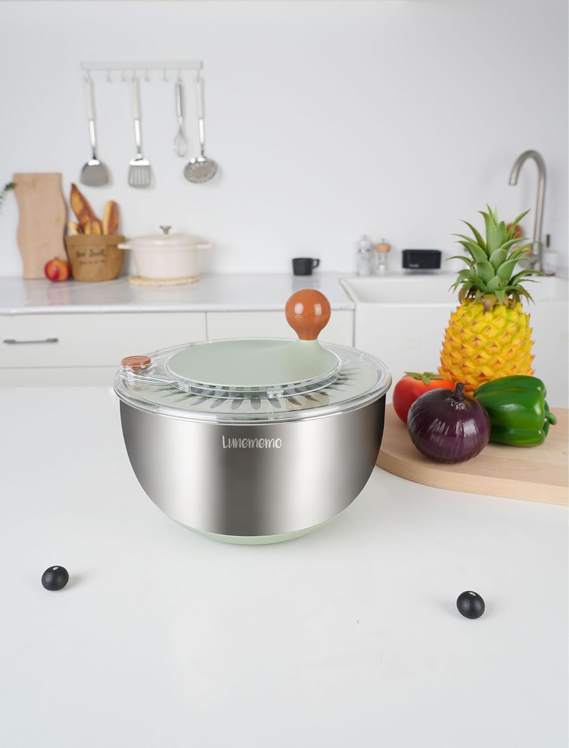 Lunememo Stainless Steel Salad Spinner, Lettuce Spinner with Drain, Non-Slip Base, Stop Button, Vegetable Dryer, BPA Free, 5L